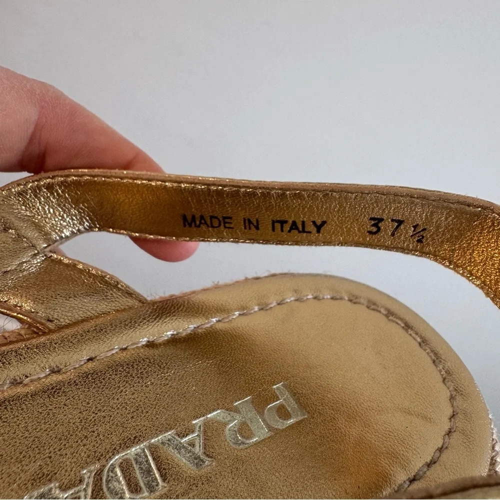 Prada Strappy Gold Leather Platform Espadrilles‎ Size 37.5